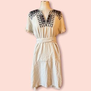 Linen Boho Dress with Tie Tribal Print